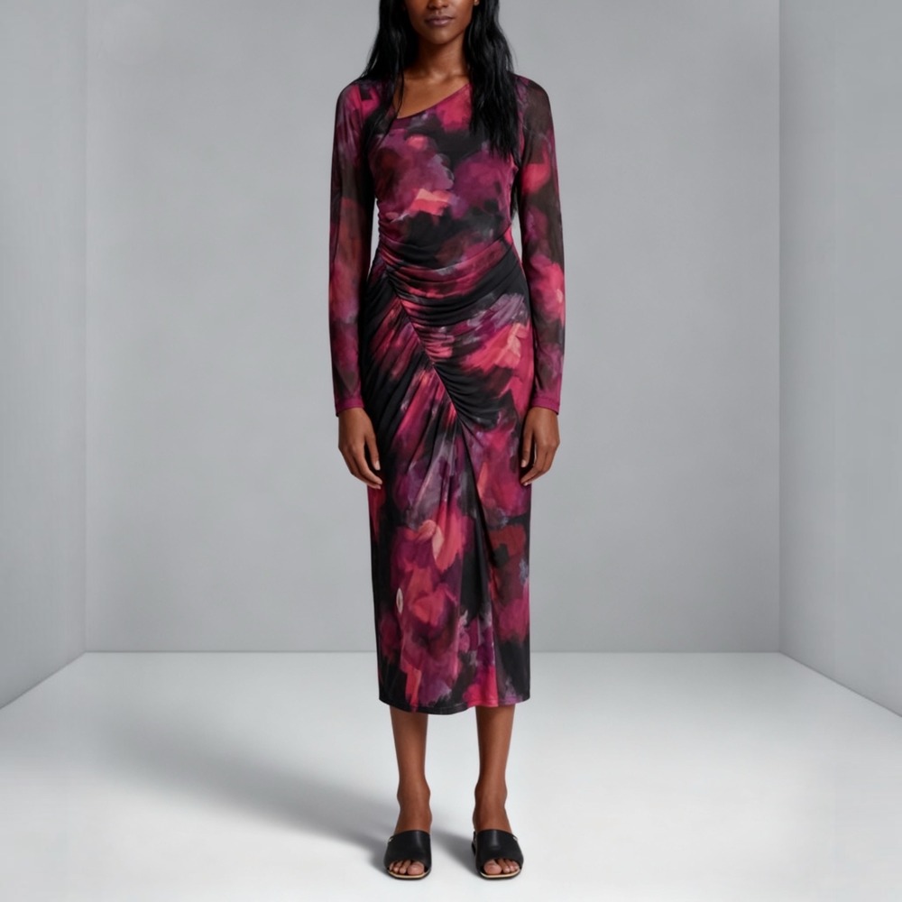 DKNY Floral Print Mesh Ruched Midi Dress NEW Long Sleeve size‎ 12